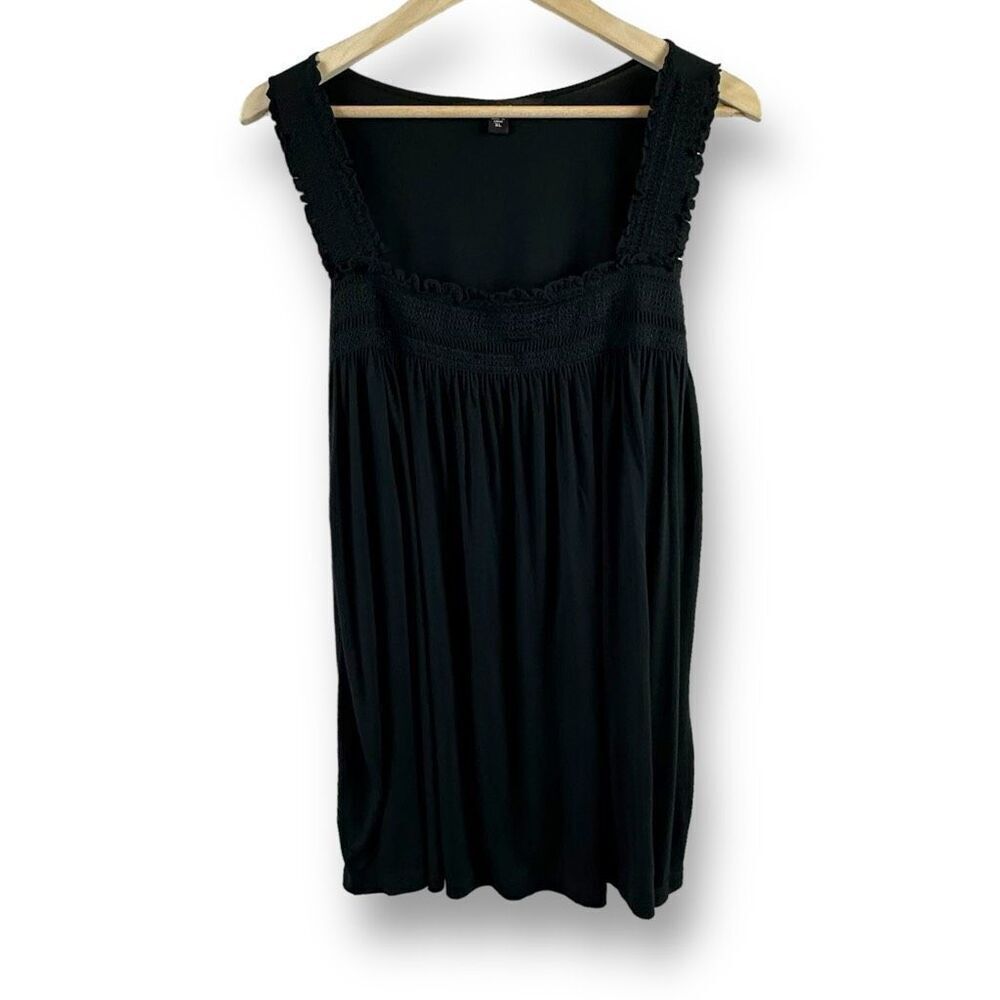 Y2K Fever Women's XL Smocked Neck Tunic Tank Top Solid Black Relaxed Fit Casual‎